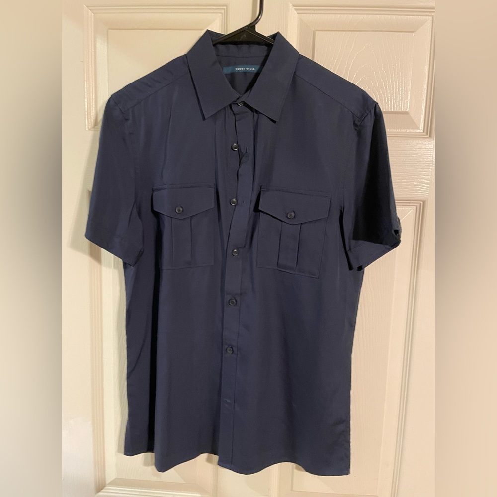 Men’s Perry Ellis Shortsleeve Men’s Double Pocket Navy Buttonup Shirt